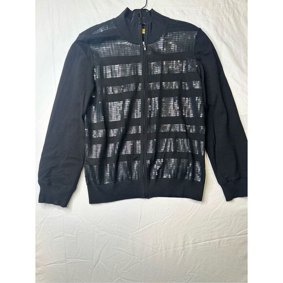 Gorgeous St. John Black Block Sequin Full Zip Cardigan, Size P - Picture 1 of 8